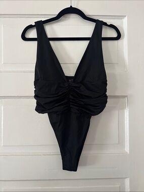 aerie Black Ruched V-Neck One-Piece Swimsuit